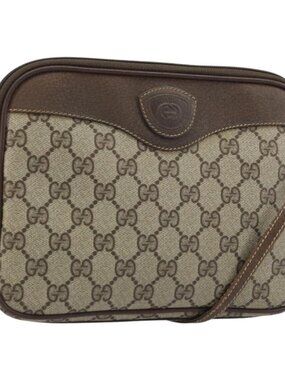 GUCCI GG Supreme Shoulder Bag PVC Beige Gold Auth AMZ497